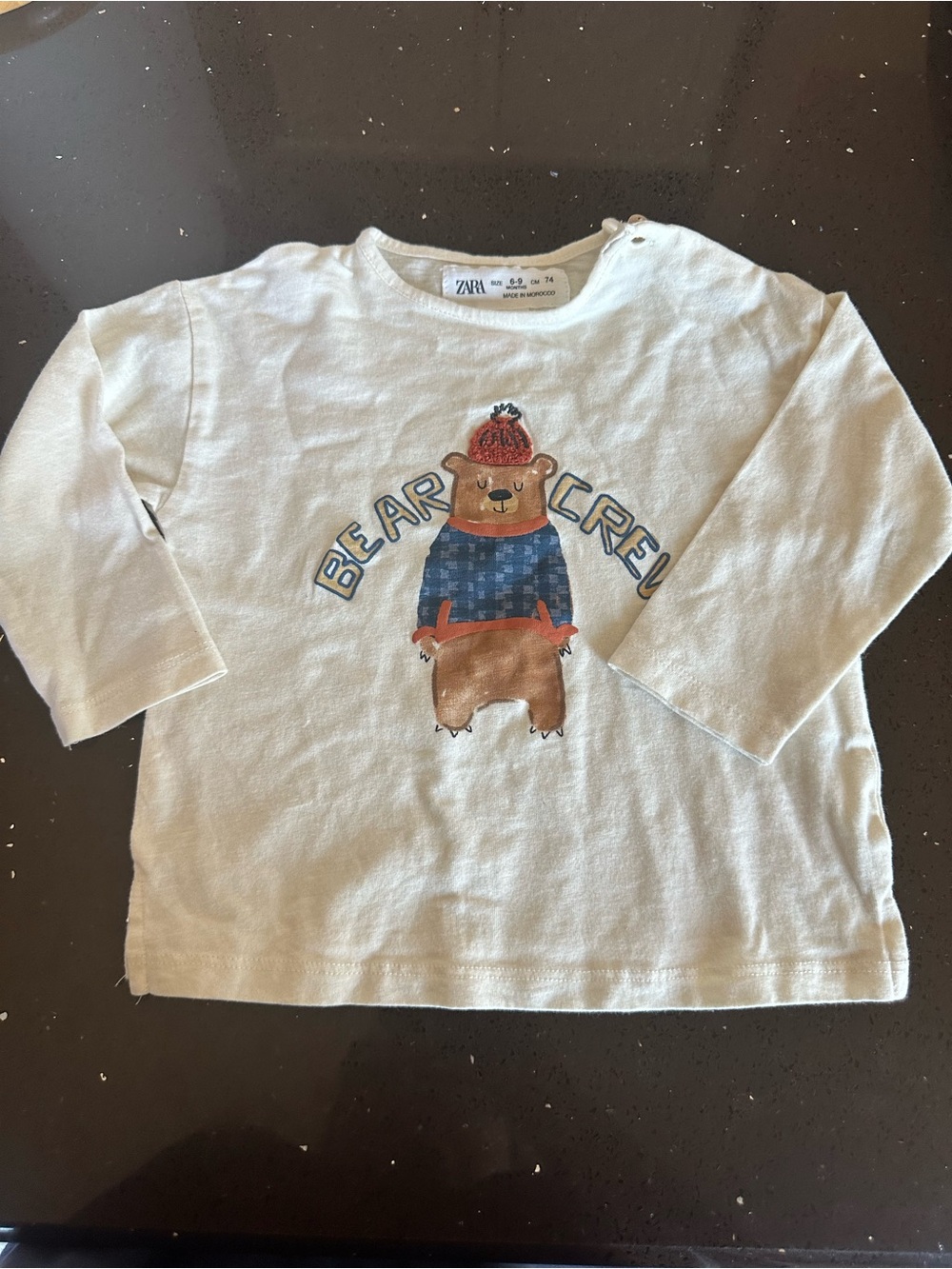 Zara White Long-Sleeve Tee with Bear Graphic and Blue Accent